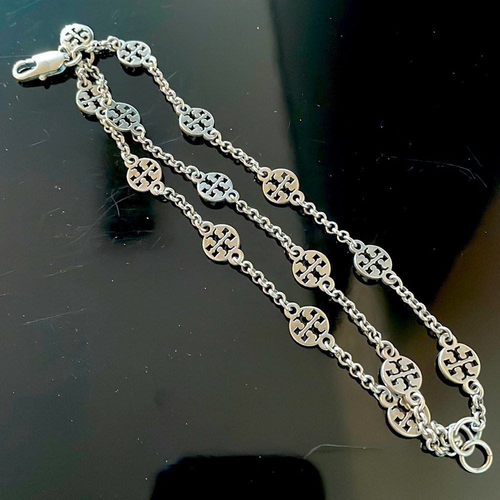 TORY BURCH•Triple Layered Silvertone Logo Bracelet